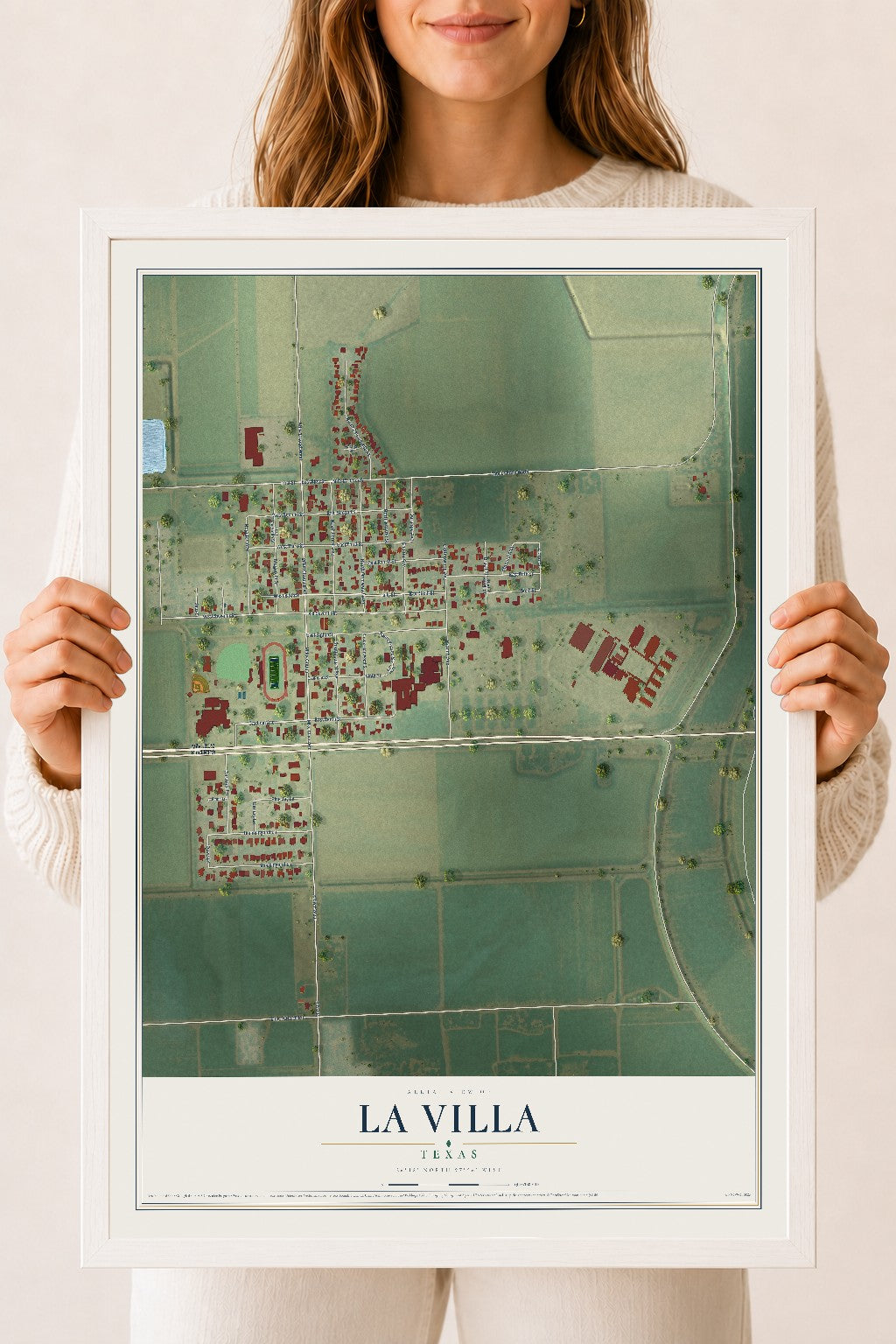 Map of La Villa, Texas, 18 x 24 inch print in a white wood frame