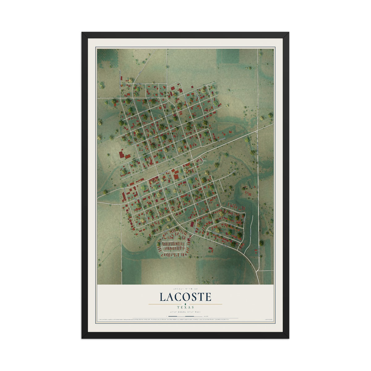 Map of LaCoste, Texas, 12 x 18 inch print in a black wood frame