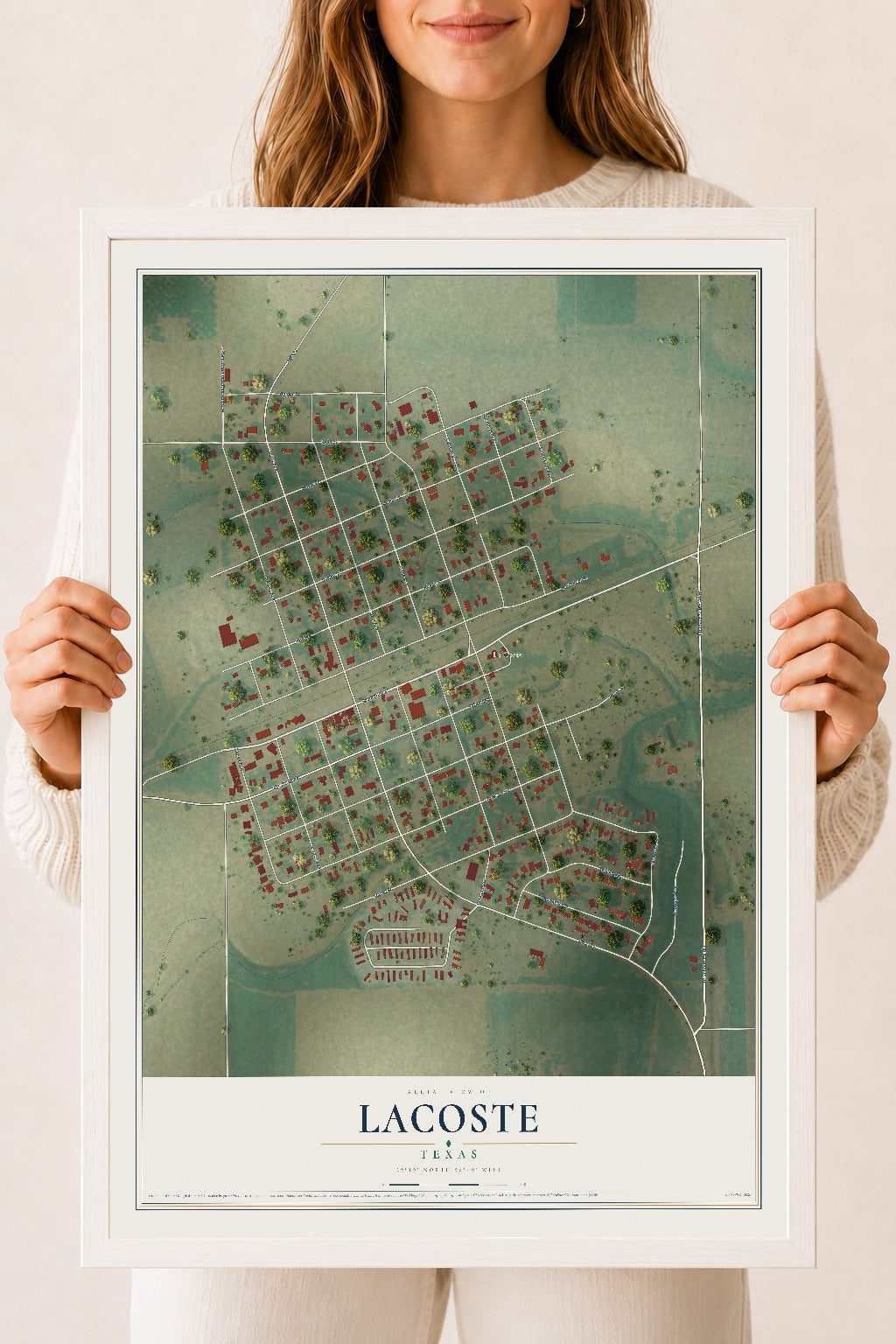 Map of LaCoste, Texas, 18 x 24 inch print in a white wood frame