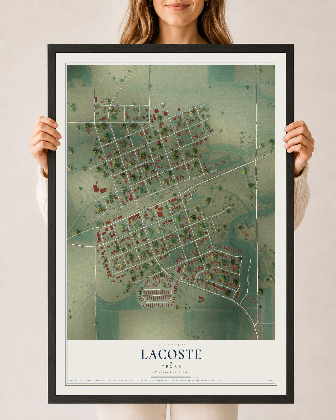 Map of LaCoste, Texas, 24 x 36 inch print in a black wood frame
