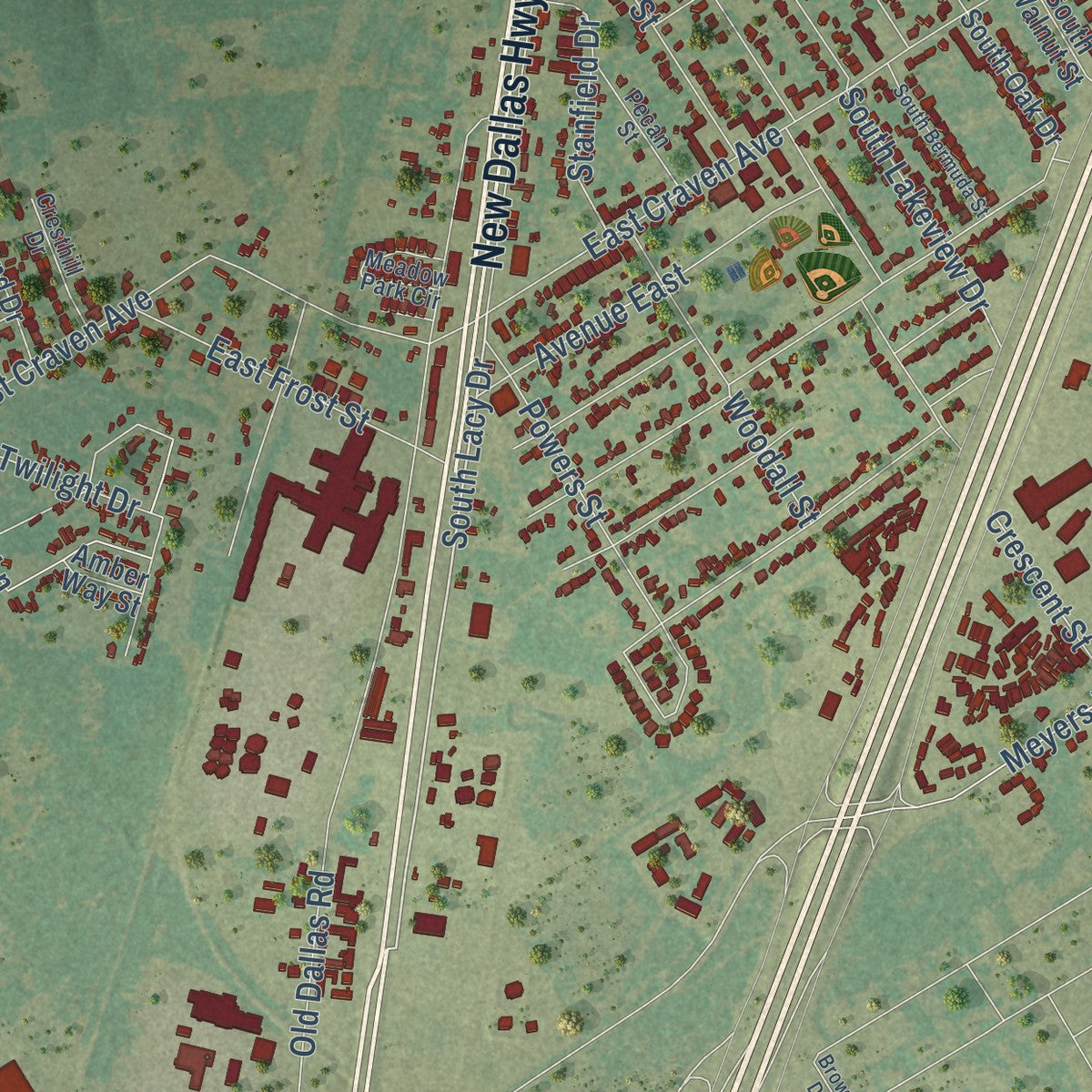 Close-up of the map of Lacy-Lakeview, Texas print showing street and building detail