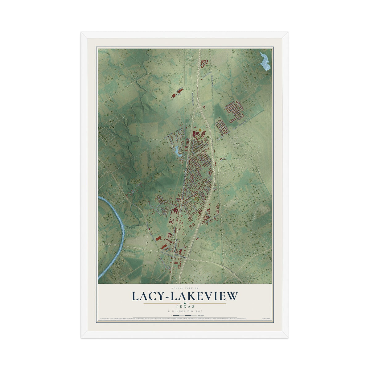 Map of Lacy-Lakeview, Texas, 12 x 18 inch print in a white wood frame