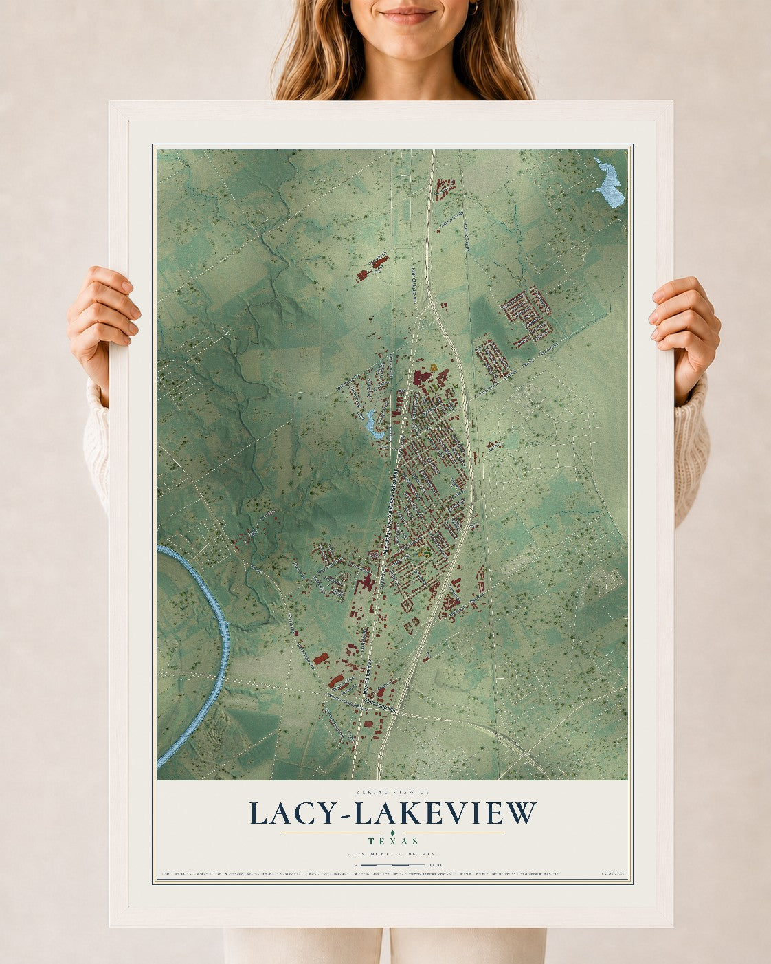 Map of Lacy-Lakeview, Texas, 24 x 36 inch print in a white wood frame