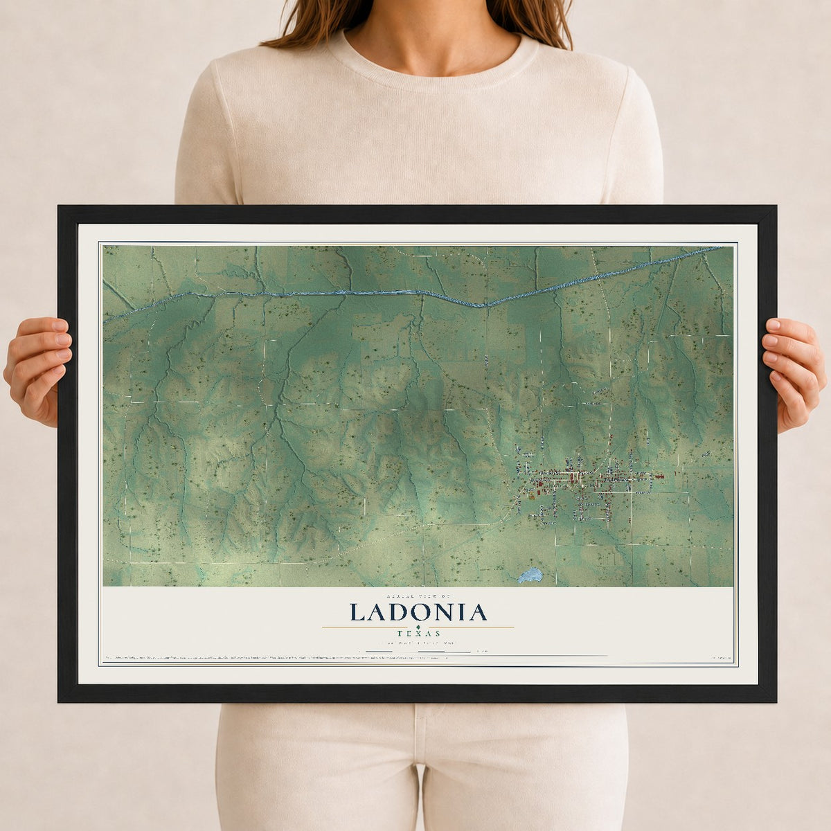 Map of Ladonia, Texas, 12 x 18 inch print in a black wood frame