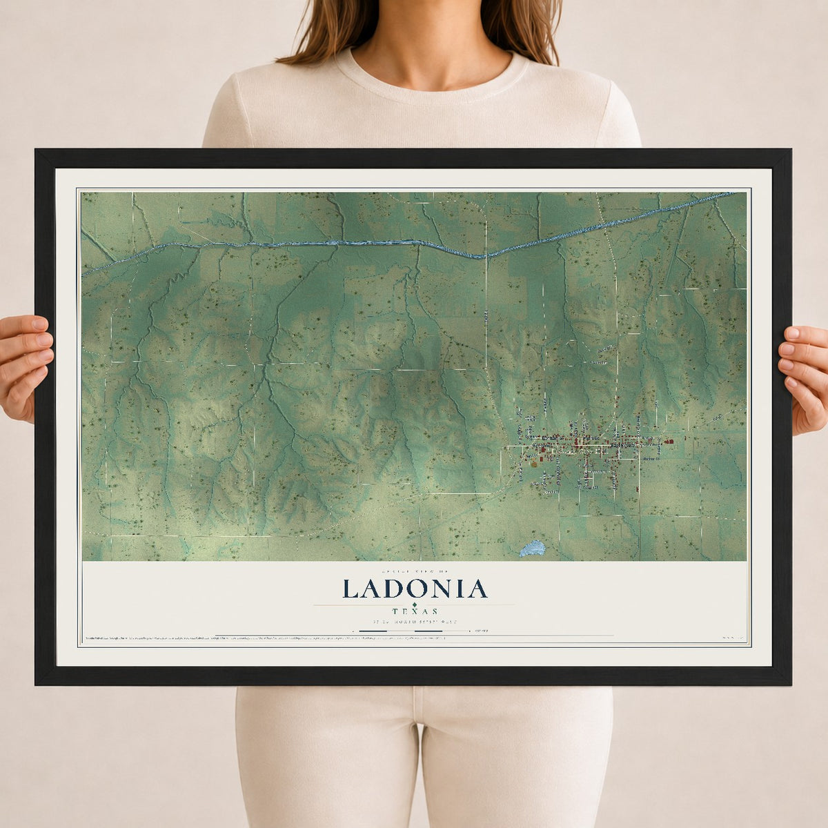 Map of Ladonia, Texas, 18 x 24 inch print in a black wood frame