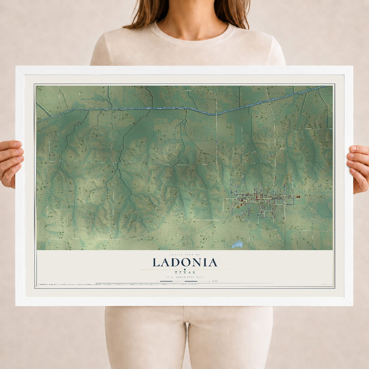 Map of Ladonia, Texas, 18 x 24 inch print in a white wood frame