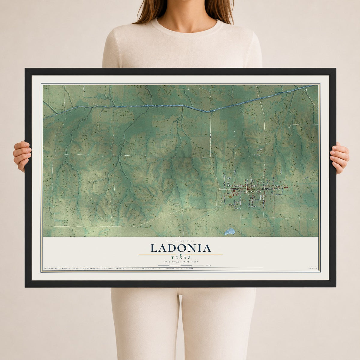 Map of Ladonia, Texas, 24 x 36 inch print in a black wood frame