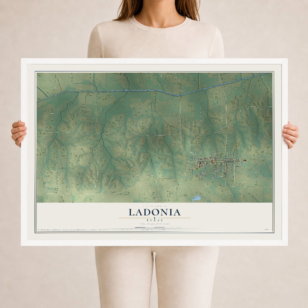 Map of Ladonia, Texas, 24 x 36 inch print in a white wood frame