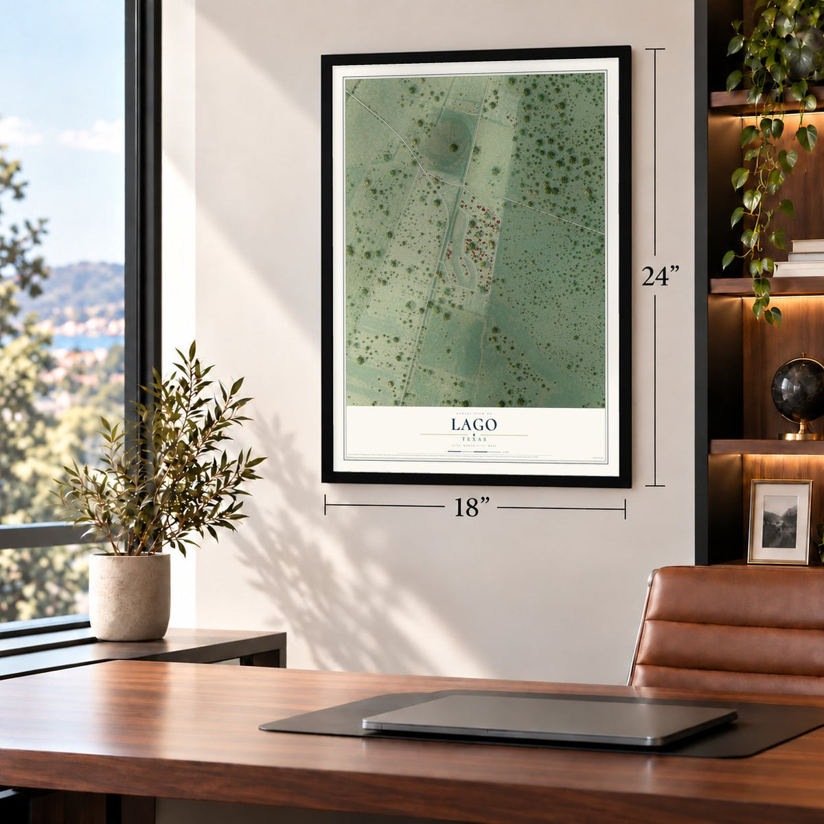 Lago, Texas map, 18 x 24 inch print in a black frame in a home office