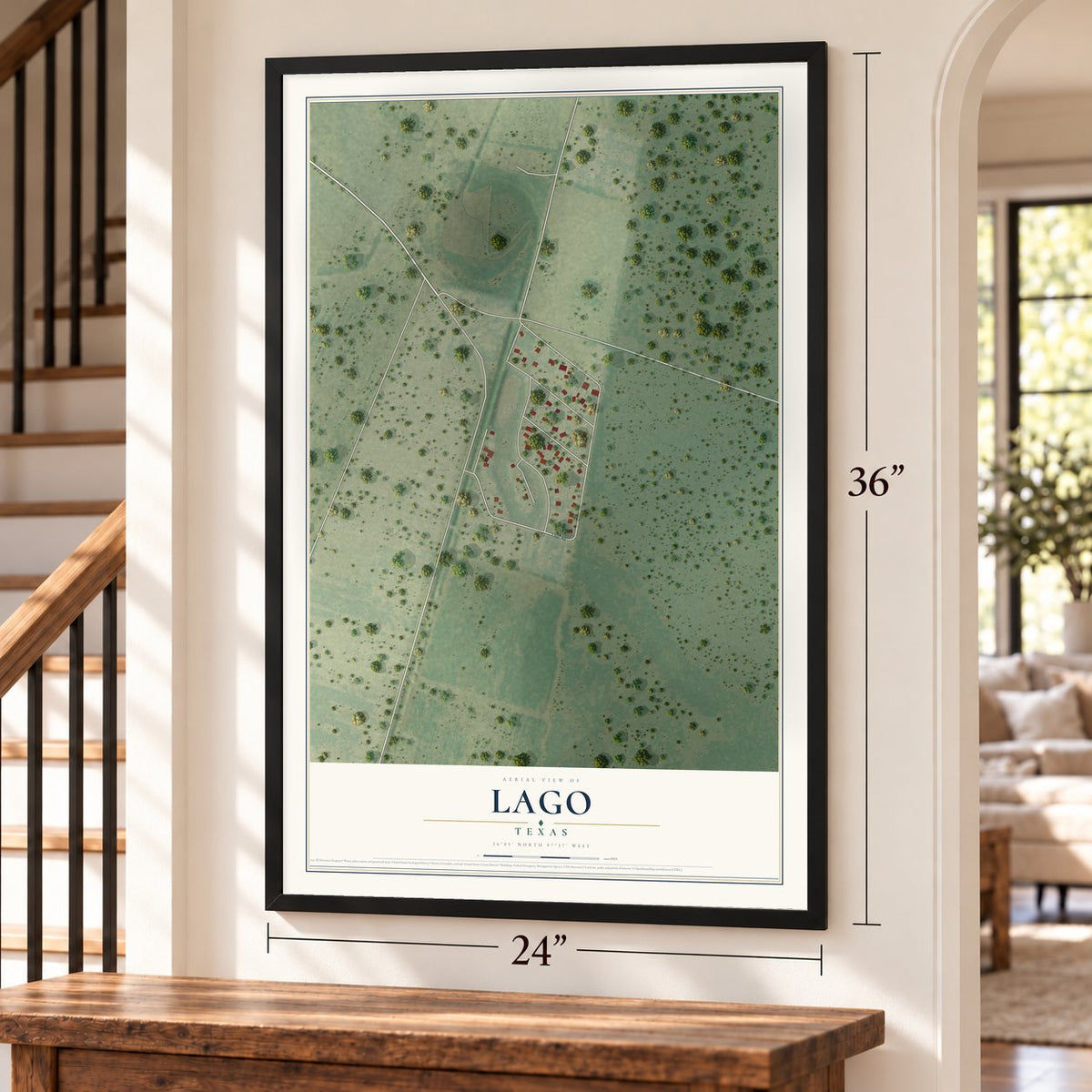 Lago, Texas map, 24 x 36 inch print in a black frame by a staircase