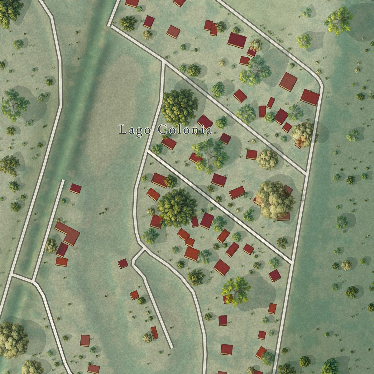 Close-up of the map of Lago, Texas print showing street and building detail