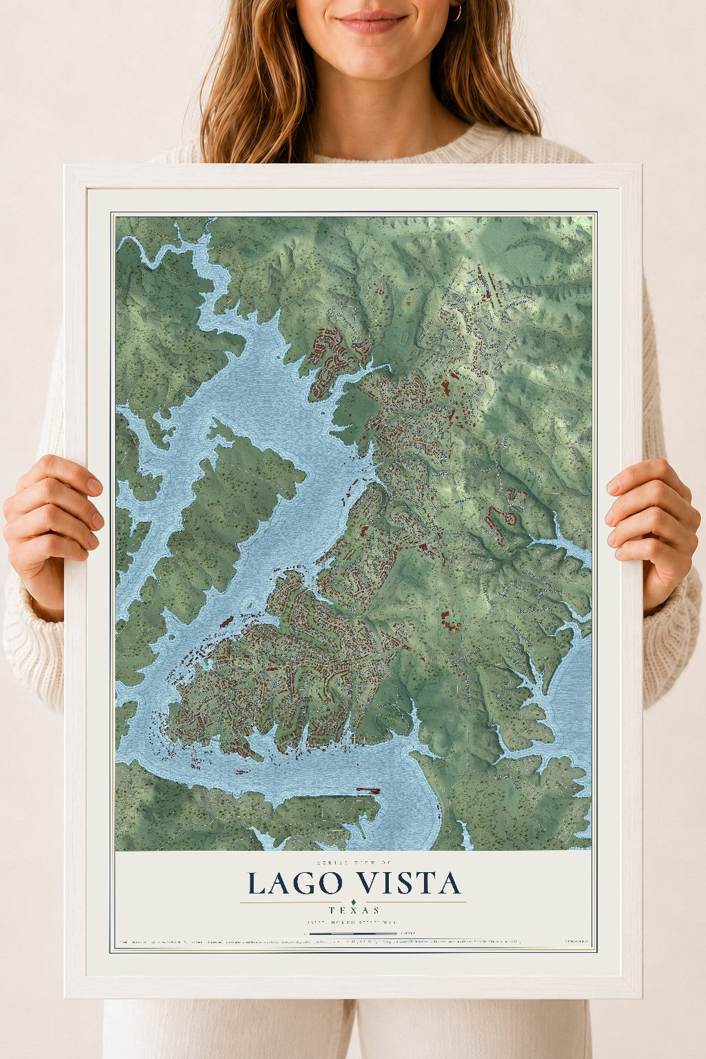 Map of Lago Vista, Texas, 18 x 24 inch print in a white wood frame