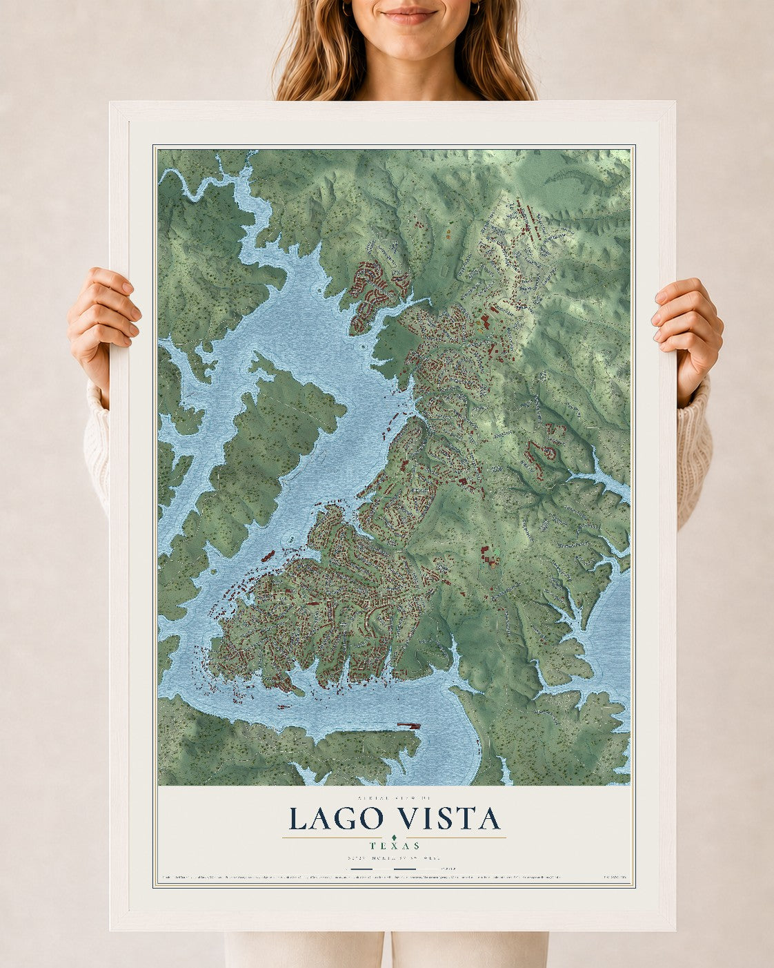 Map of Lago Vista, Texas, 24 x 36 inch print in a white wood frame