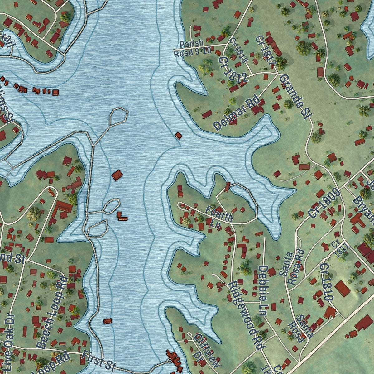 Close-up of the map of Laguna Park, Texas print showing street and building detail