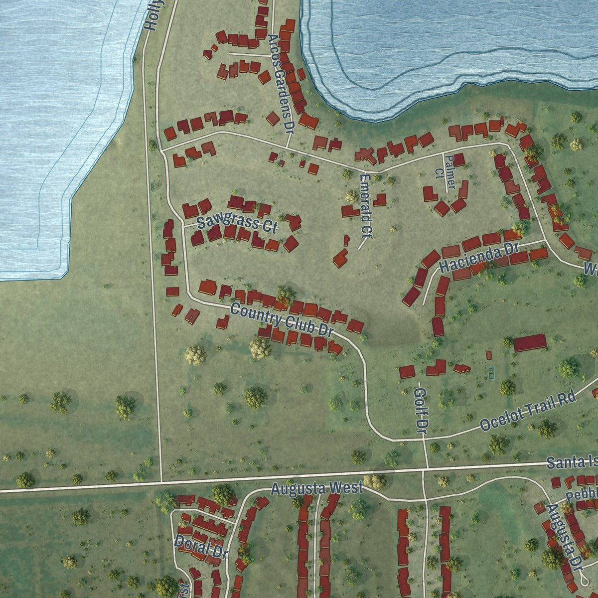 Second close-up of the map of Laguna Vista, Texas print showing more streets and buildings