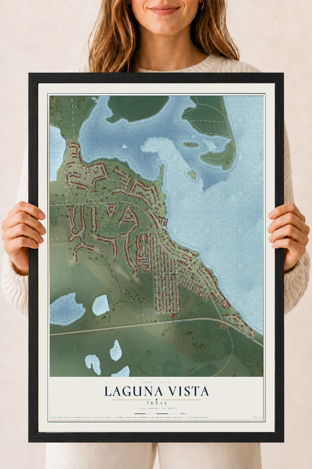 Map of Laguna Vista, Texas, 18 x 24 inch print in a black wood frame