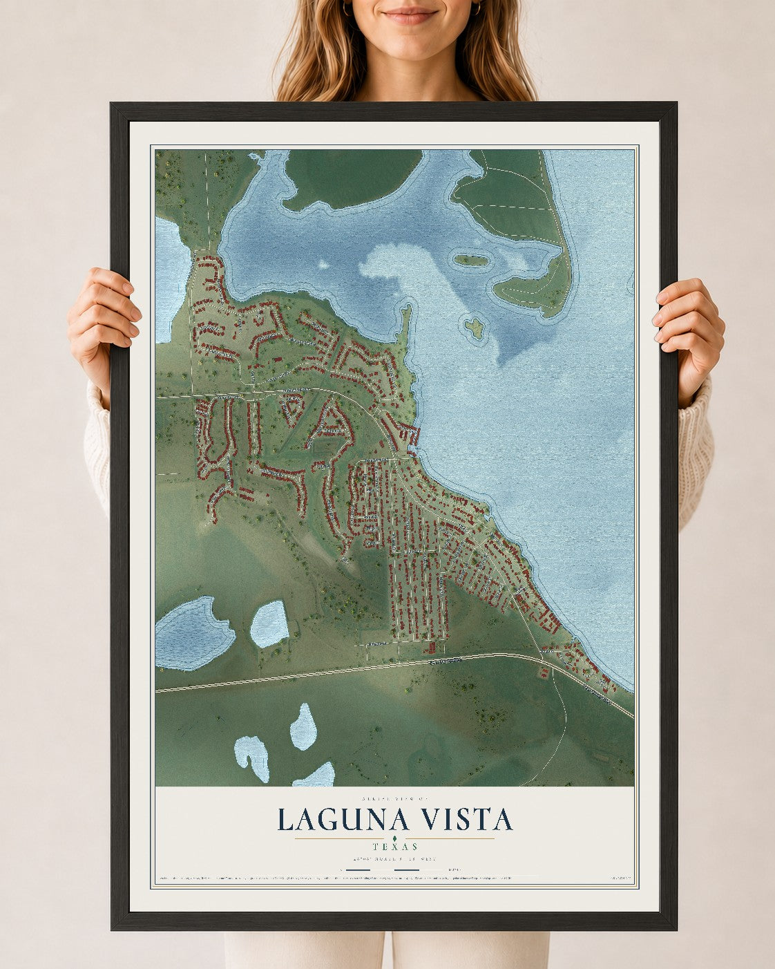 Map of Laguna Vista, Texas, 24 x 36 inch print in a black wood frame