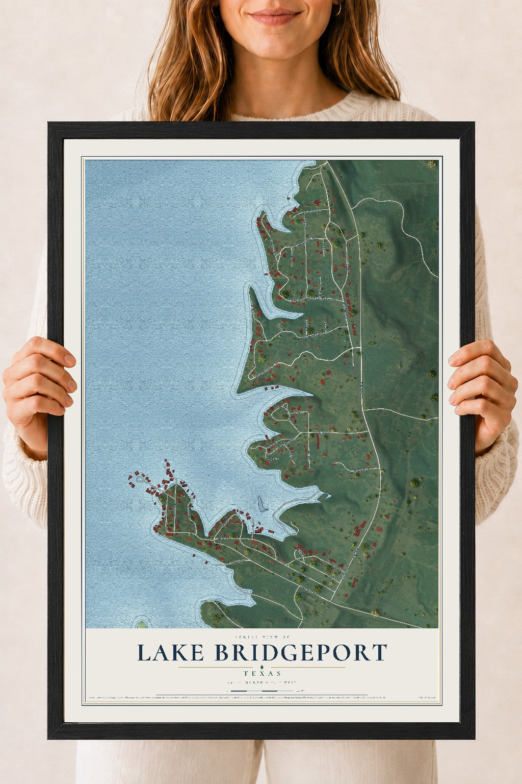 Map of Lake Bridgeport, Texas, 18 x 24 inch print in a black wood frame