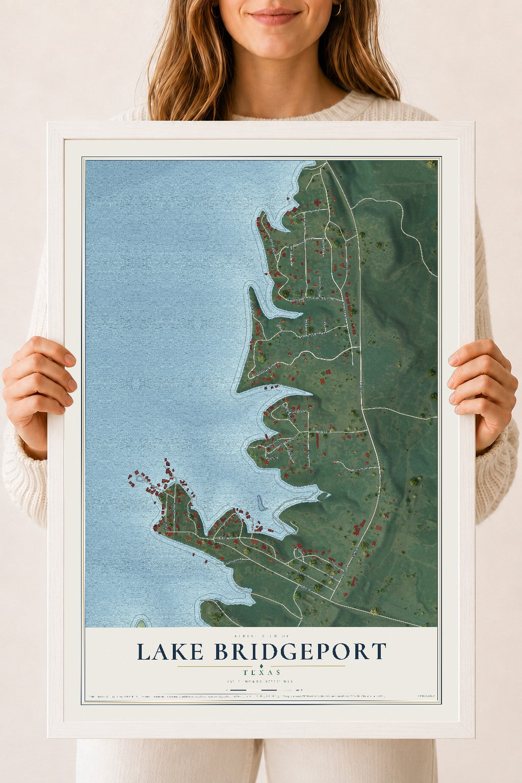 Map of Lake Bridgeport, Texas, 18 x 24 inch print in a white wood frame