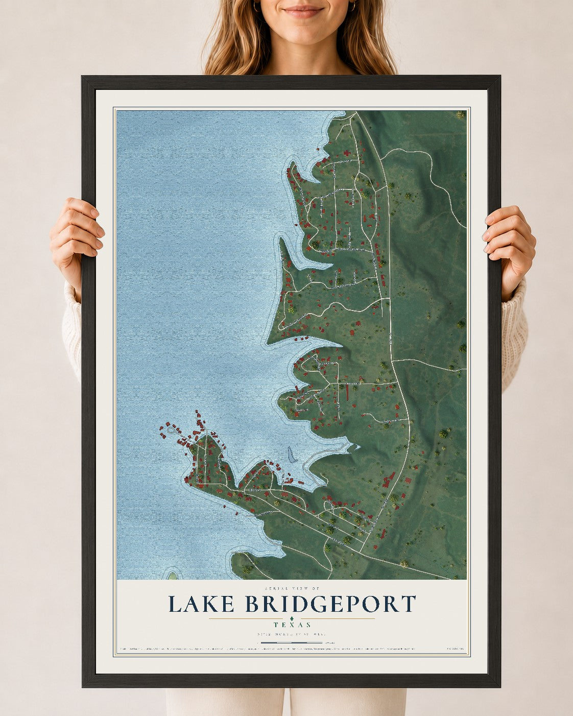 Map of Lake Bridgeport, Texas, 24 x 36 inch print in a black wood frame