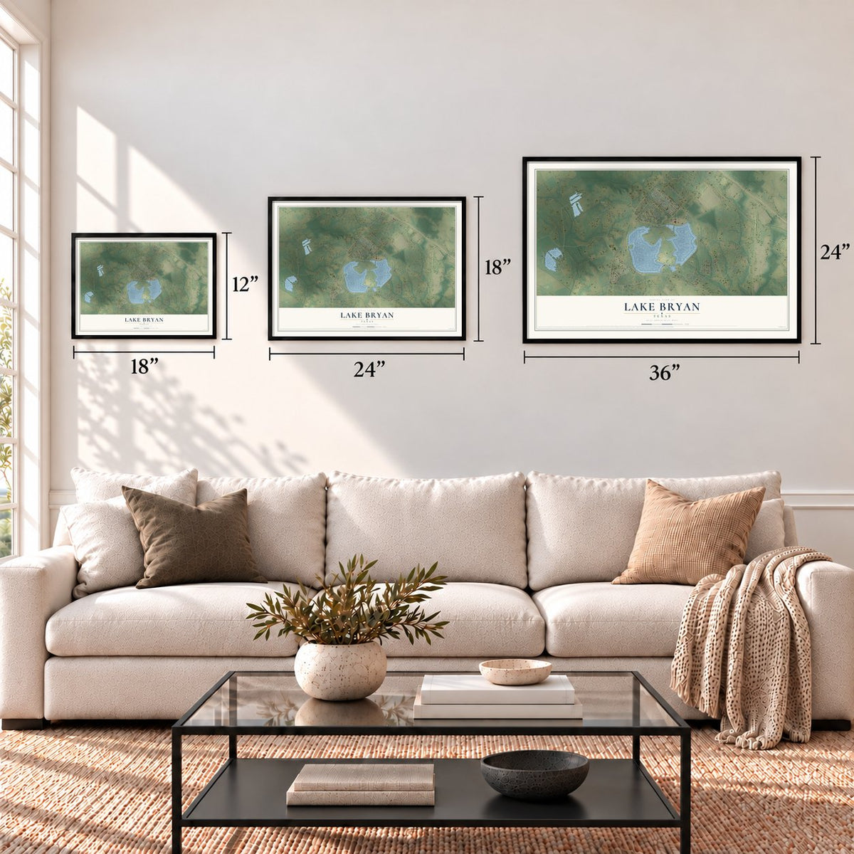 Lake Bryan, Texas map in 12 x 18, 18 x 24 and 24 x 36 inch sizes above a sofa