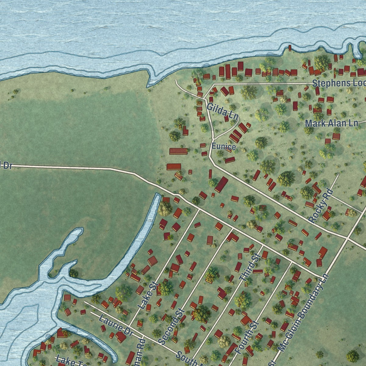 Close-up of the map of Lake City, Texas print showing street and building detail