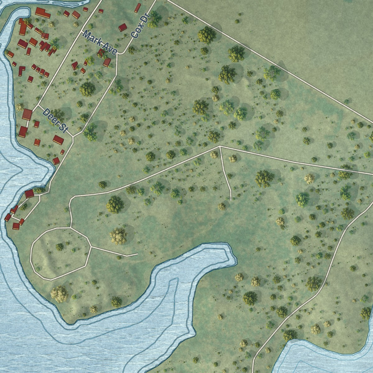 Second close-up of the map of Lake City, Texas print showing more streets and buildings