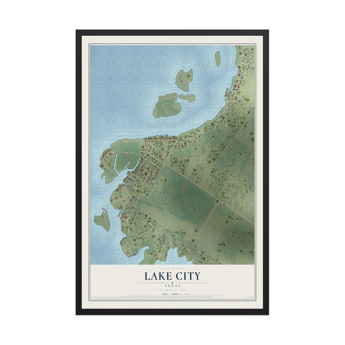 Map of Lake City, Texas, 12 x 18 inch print in a black wood frame