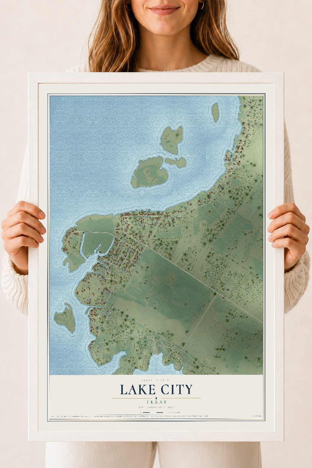 Map of Lake City, Texas, 18 x 24 inch print in a white wood frame