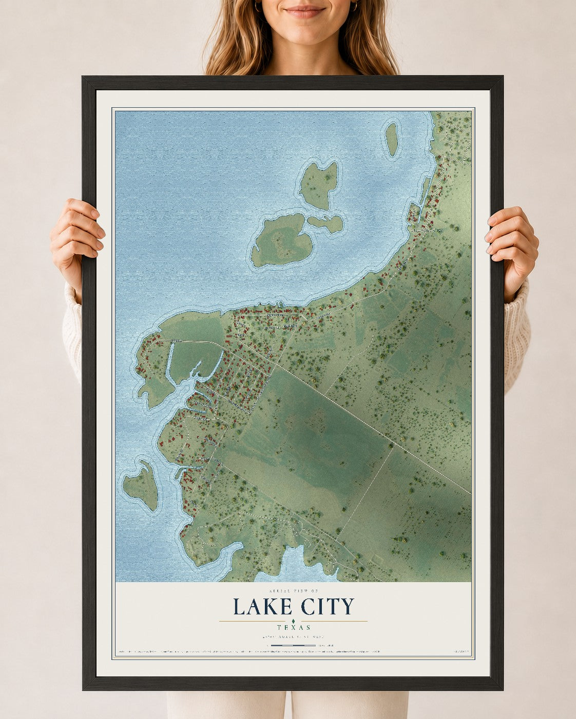 Map of Lake City, Texas, 24 x 36 inch print in a black wood frame