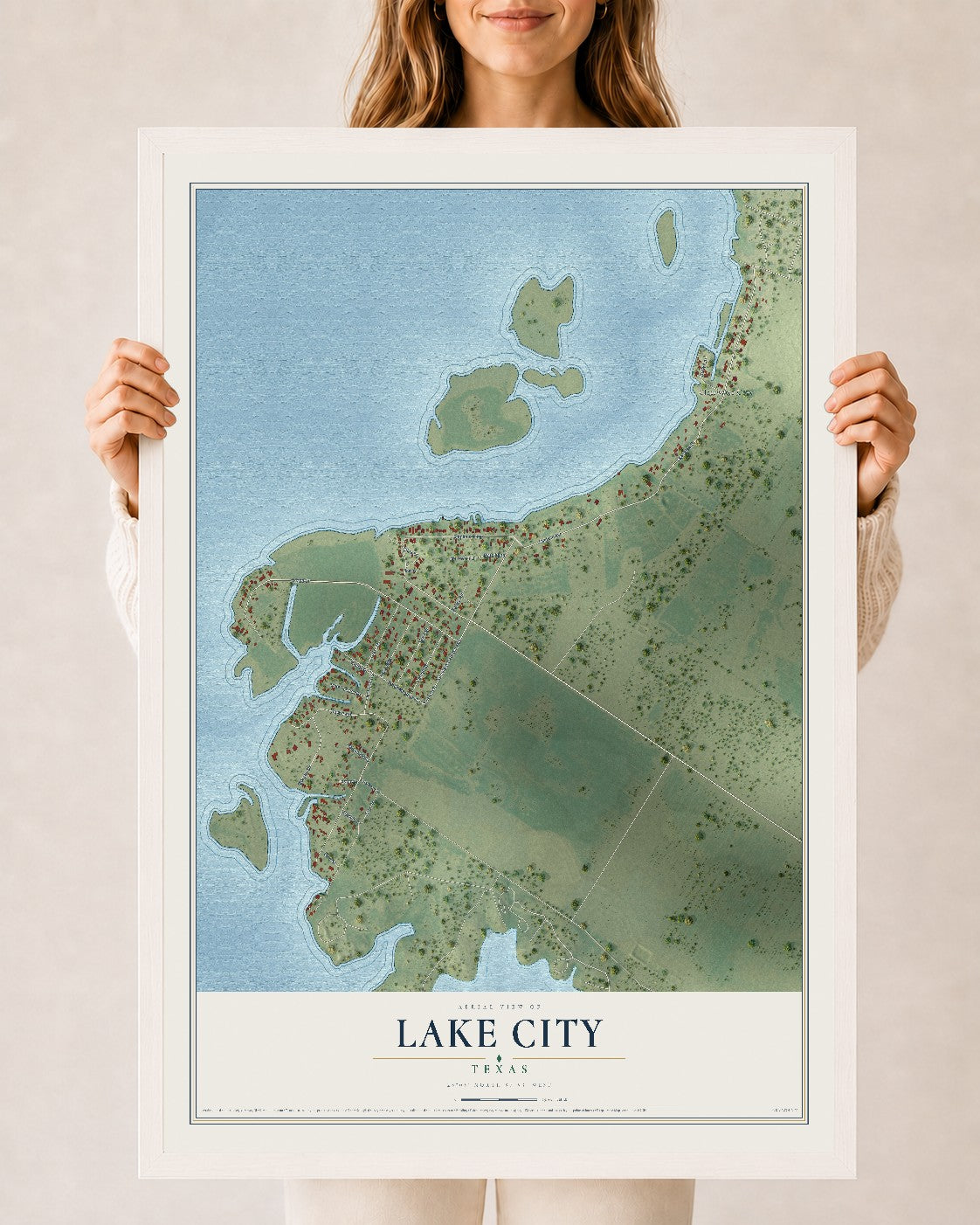 Map of Lake City, Texas, 24 x 36 inch print in a white wood frame