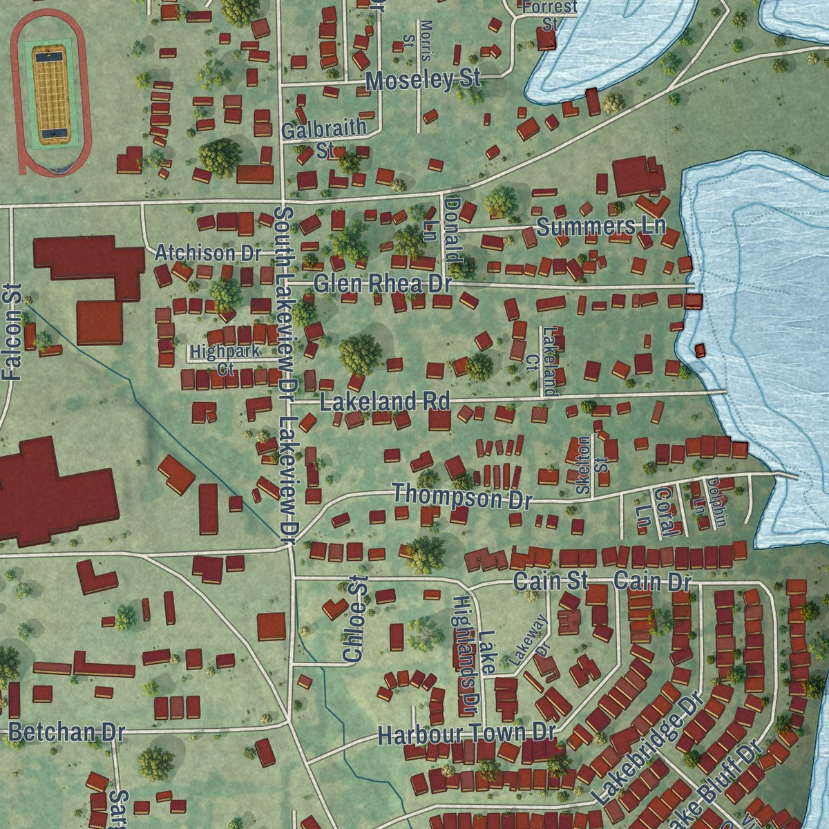Second close-up of the map of Lake Dallas, Texas print showing more streets and buildings