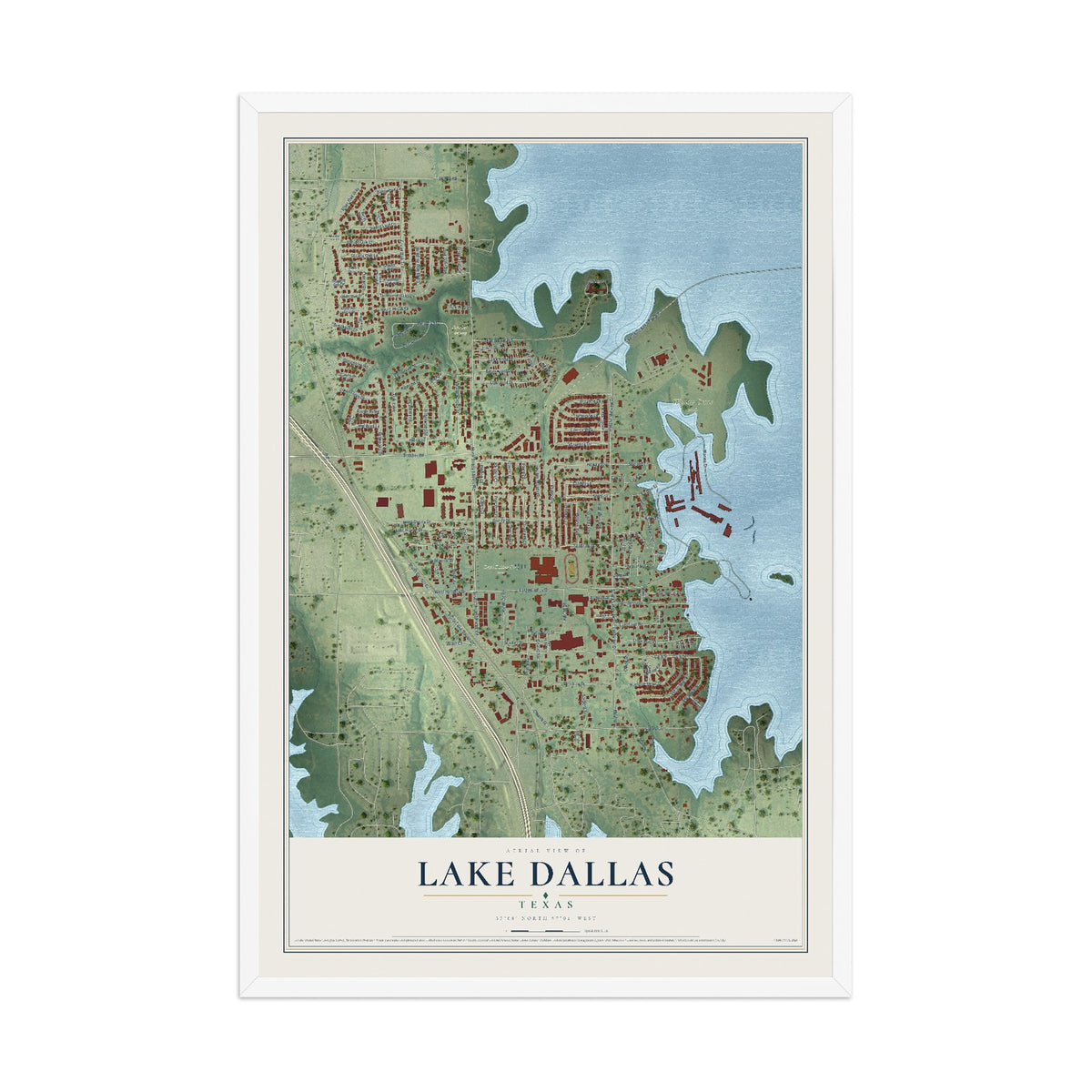 Map of Lake Dallas, Texas, 12 x 18 inch print in a white wood frame