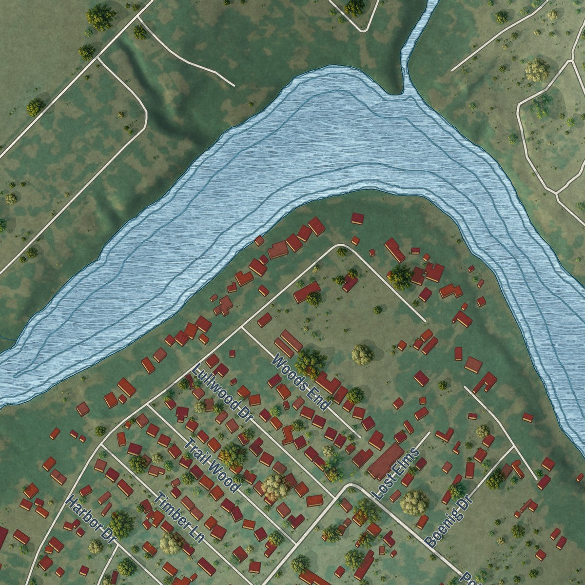 Close-up of the map of Lake Dunlap, Texas print showing street and building detail