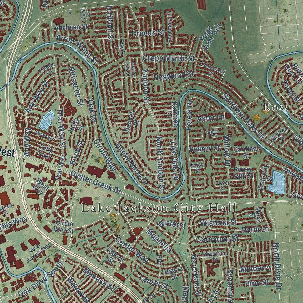 Close-up of the map of Lake Jackson, Texas print showing street and building detail
