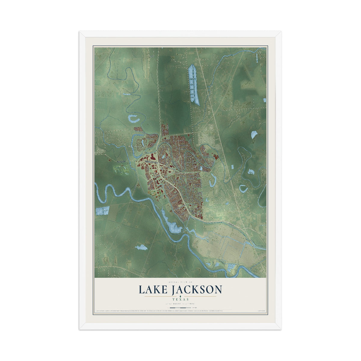 Map of Lake Jackson, Texas, 12 x 18 inch print in a white wood frame