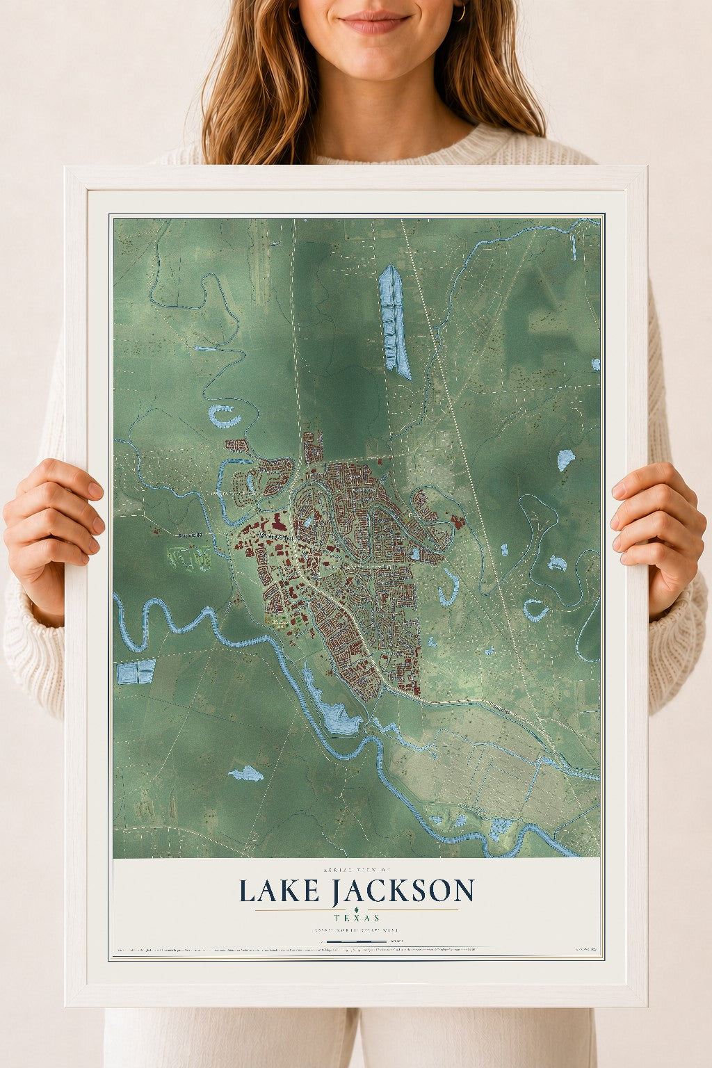 Map of Lake Jackson, Texas, 18 x 24 inch print in a white wood frame