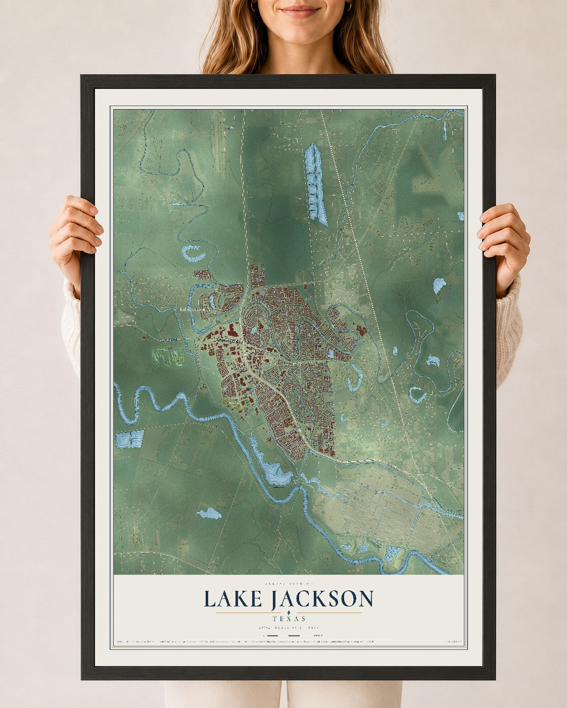 Map of Lake Jackson, Texas, 24 x 36 inch print in a black wood frame