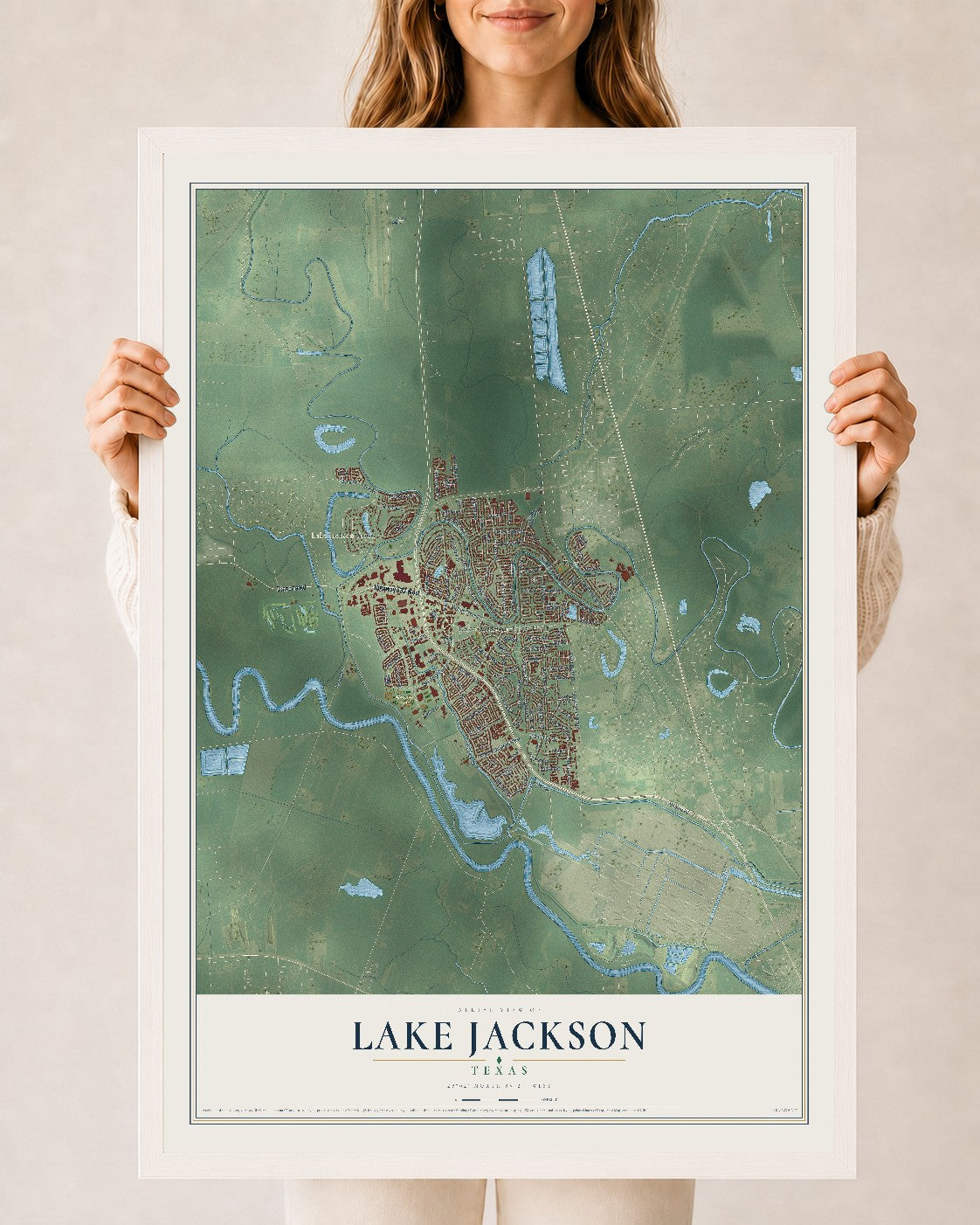 Map of Lake Jackson, Texas, 24 x 36 inch print in a white wood frame