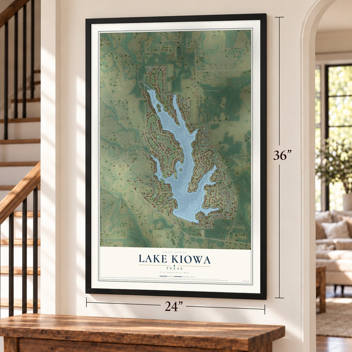 Lake Kiowa, Texas map, 24 x 36 inch print in a black frame by a staircase