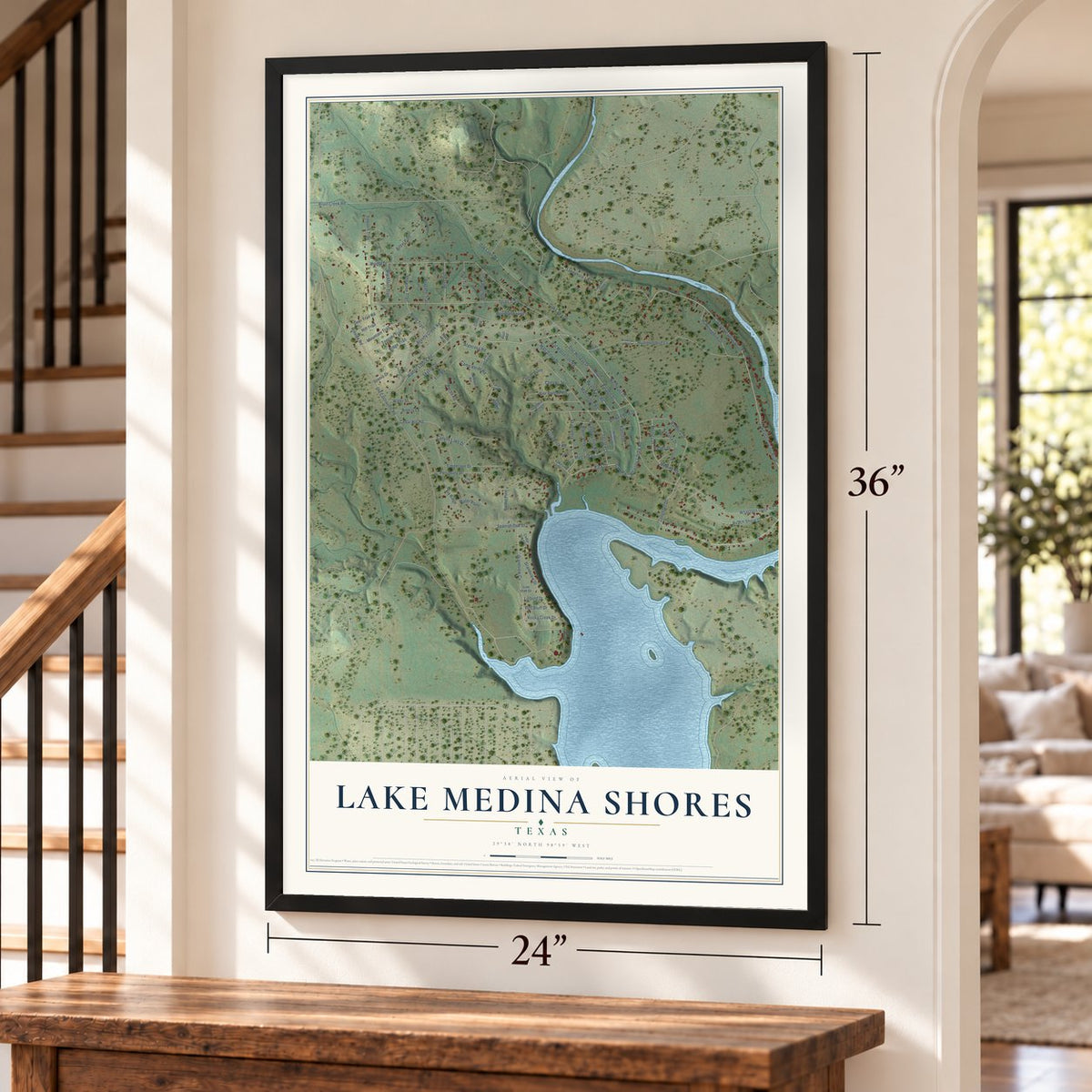 Lake Medina Shores, Texas map, 24 x 36 inch print in a black frame by a staircase