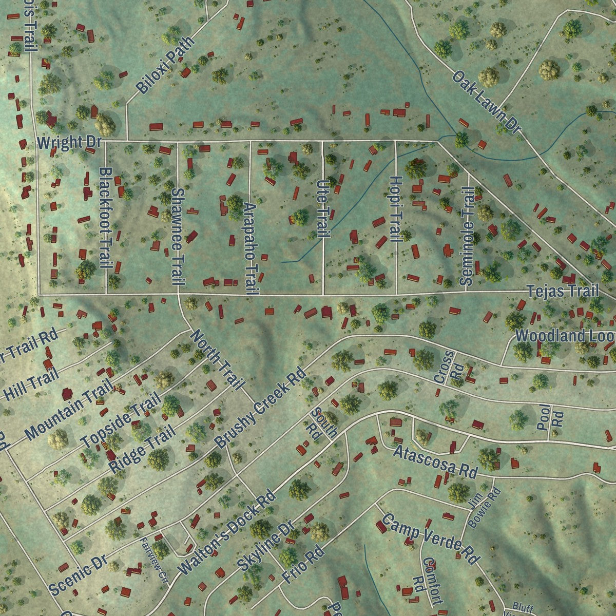 Close-up of the map of Lake Medina Shores, Texas print showing street and building detail
