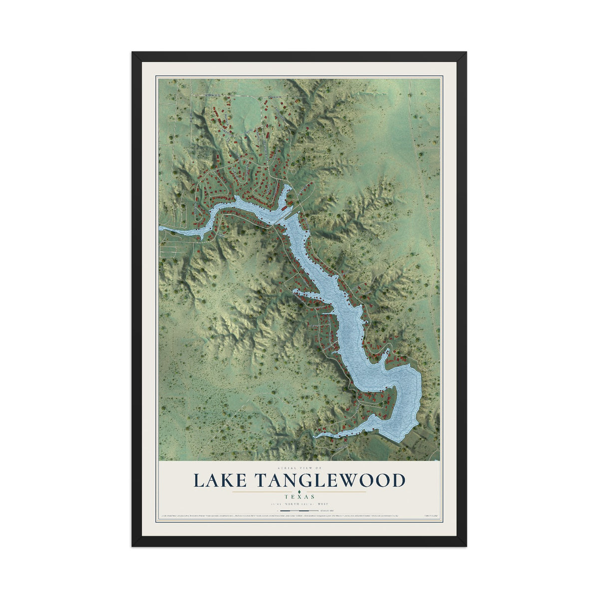Map of Lake Tanglewood, Texas, 12 x 18 inch print in a black wood frame