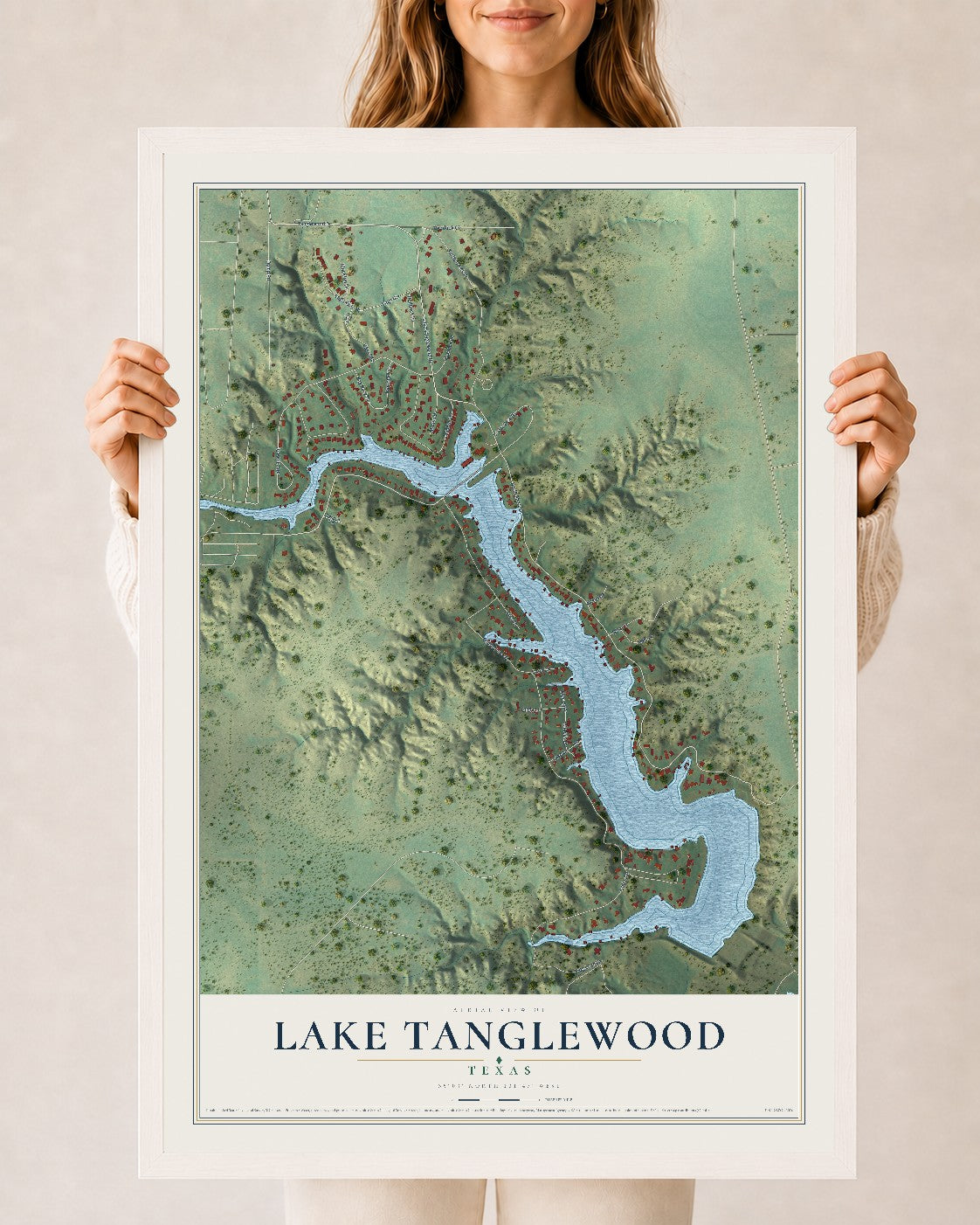 Map of Lake Tanglewood, Texas, 24 x 36 inch print in a white wood frame