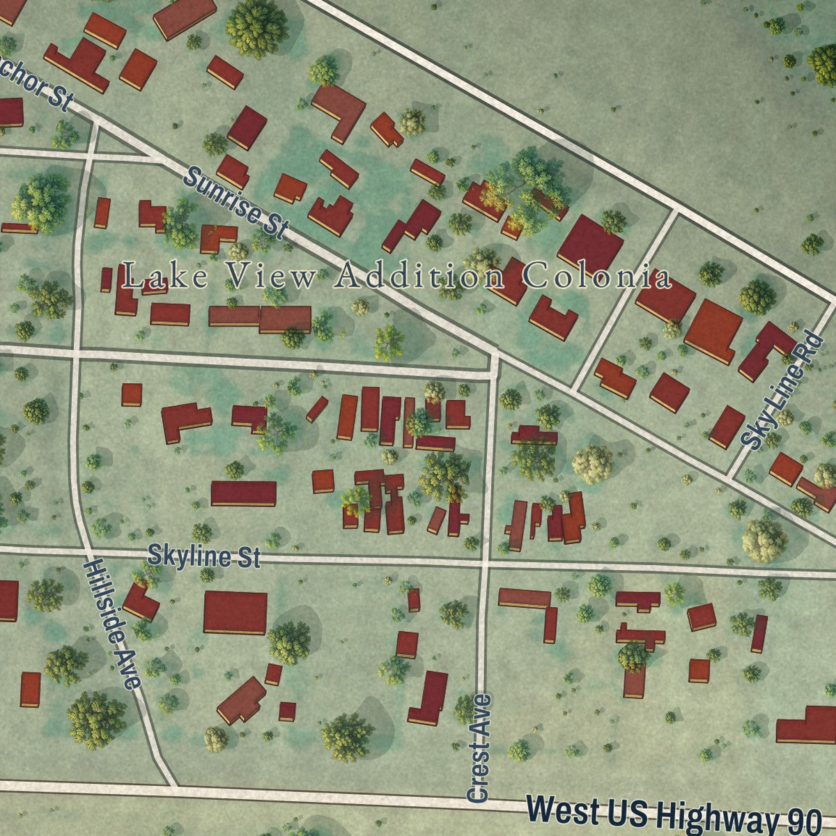 Close-up of the map of Lake View, Texas print showing street and building detail