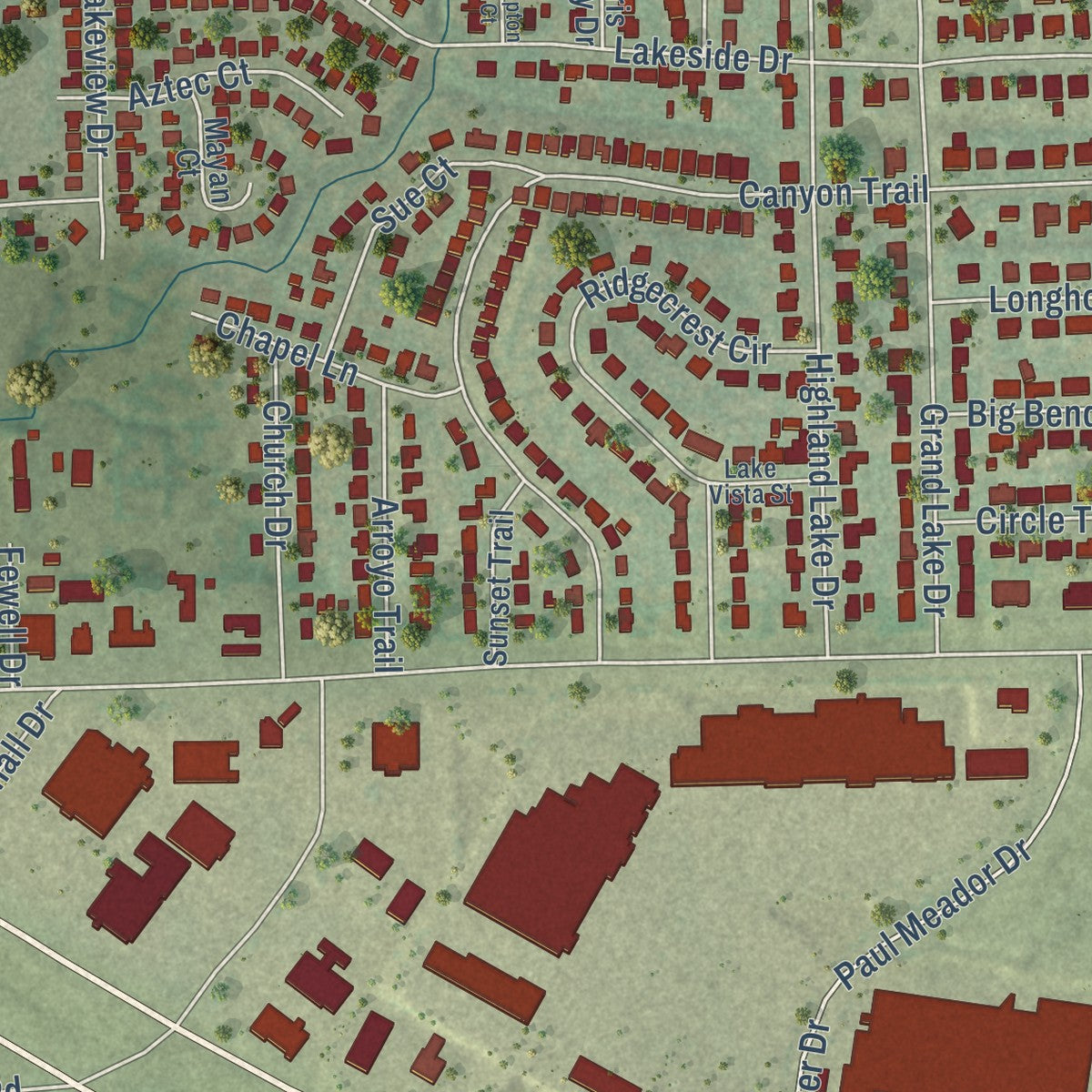 Close-up of the map of Lake Worth, Texas print showing street and building detail