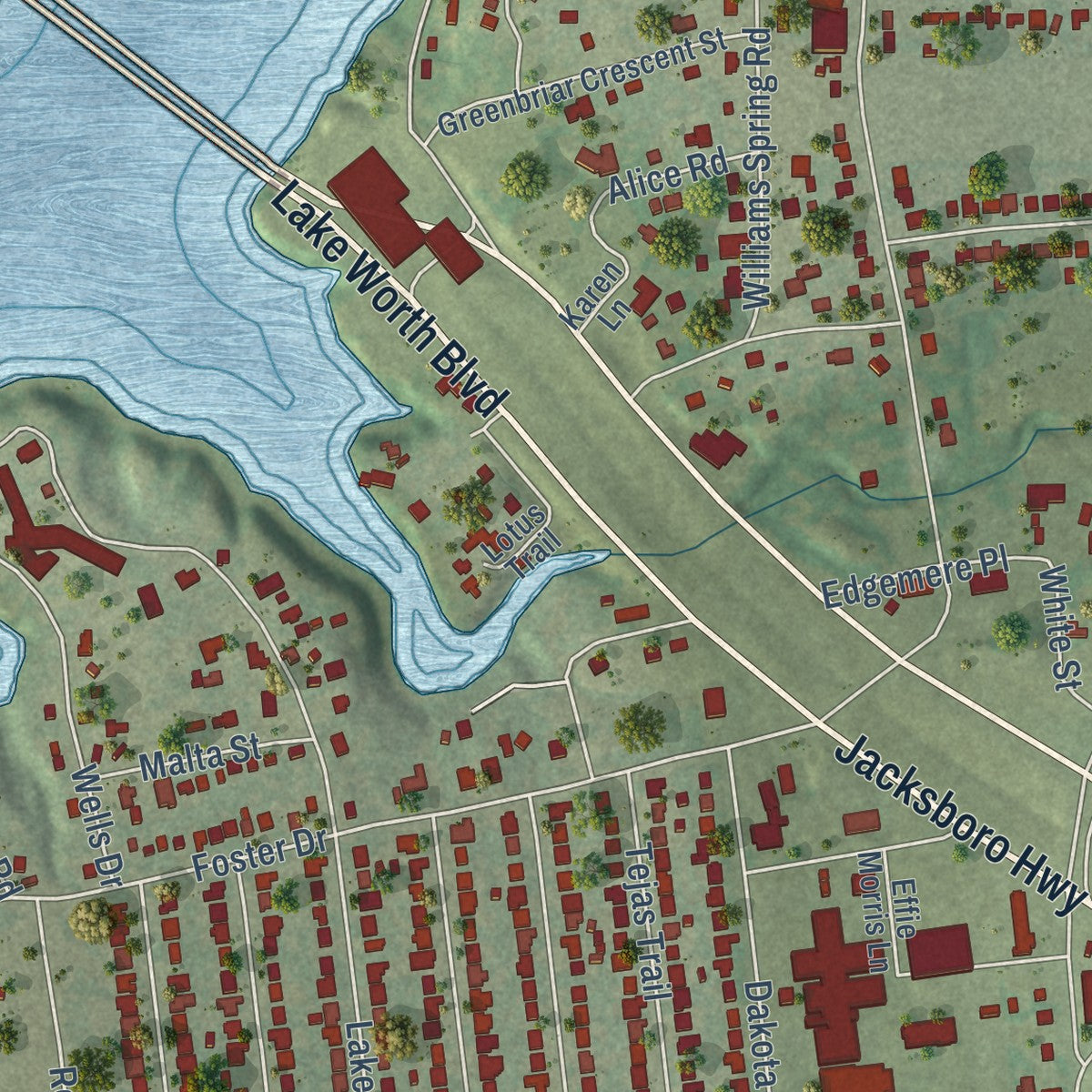 Second close-up of the map of Lake Worth, Texas print showing more streets and buildings