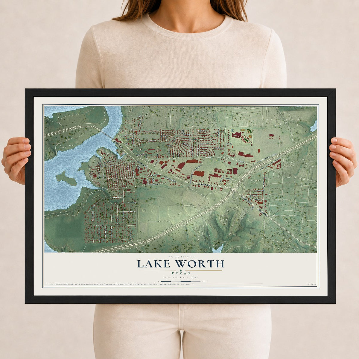 Map of Lake Worth, Texas, 12 x 18 inch print in a black wood frame