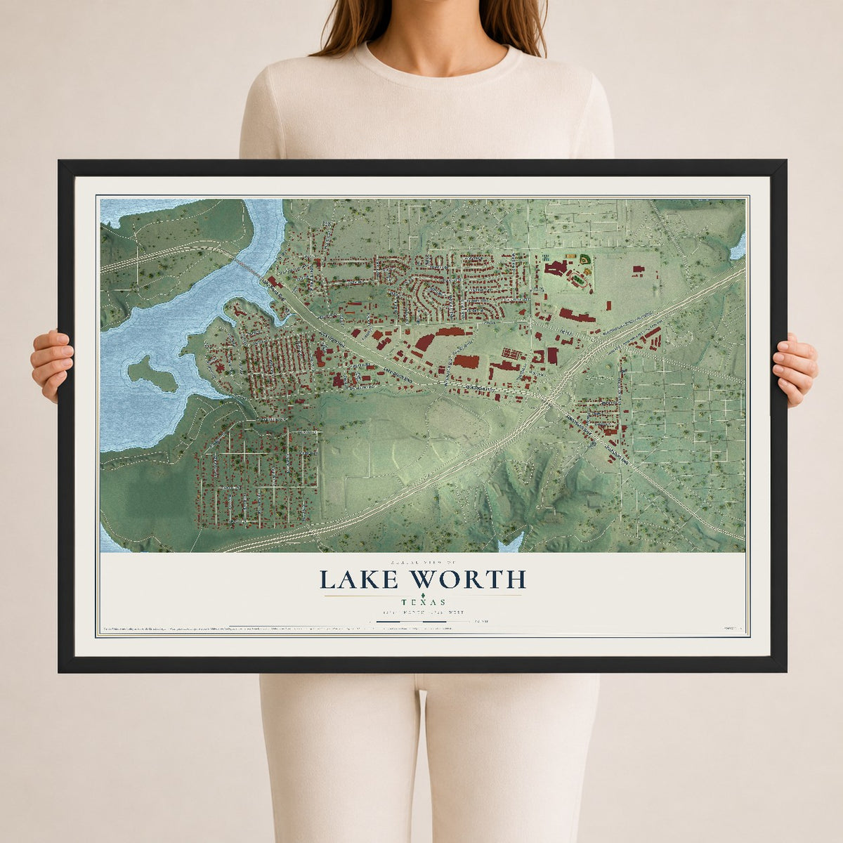 Map of Lake Worth, Texas, 24 x 36 inch print in a black wood frame