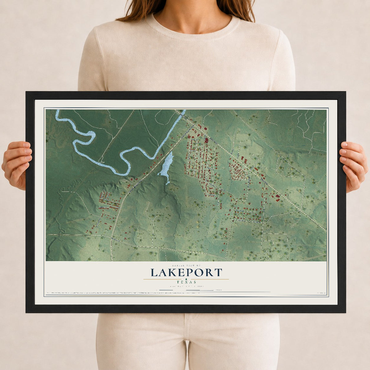 Map of Lakeport, Texas, 12 x 18 inch print in a black wood frame